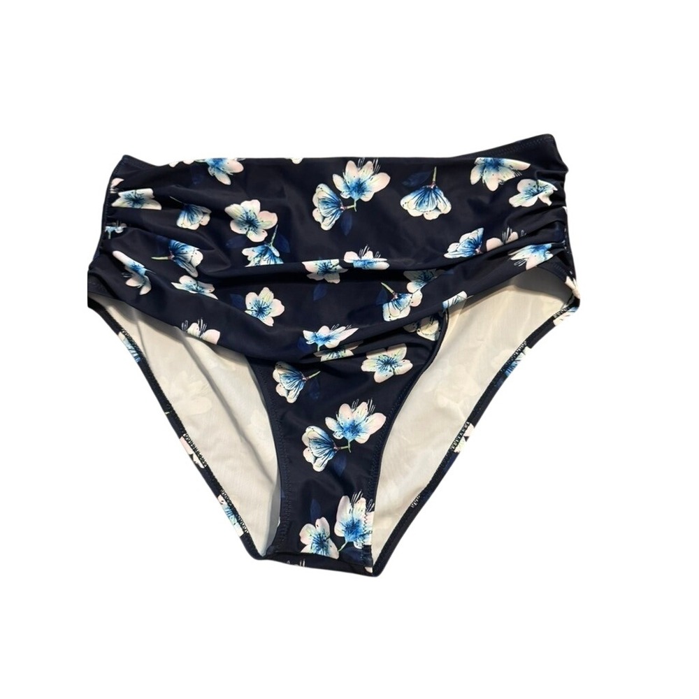 XL Floral High Waisted Bikini‎ Bottoms Navy Blue Ruched Swimwear